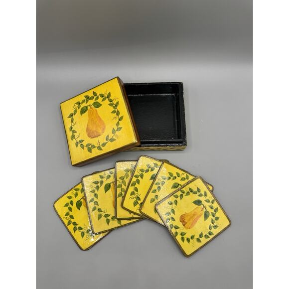 90’s Tuscan Kitchen Drink Coasters Hand Painted Pears Shabby Chic Set - Picture 1 of 8
